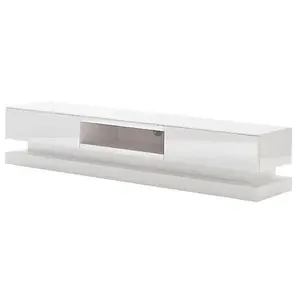 Step TV Stand With Storage for Living Room and Bedroom, 1800 Wide, LED Lighting, Media Storage, White High Gloss Finish