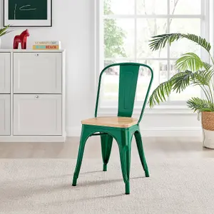 Furniturebox Set of 2 Green Colton Tolix Style Stackable Industrial Metal Dining Chair With Pine Seat