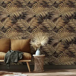 Textured Palm Gold/Chocolate Wallpaper