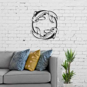 Decortie Modern Metal Wall Art Japanese Fish Theme Home Ornament Decorative Minimalist Design Hanging Wall Sculpture, Black