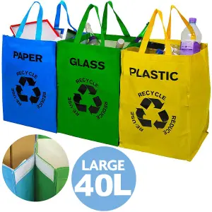 Set of 3 Large Recycling Bags Bin 40L - Paper Glass Plastic Waste Bin Bag Sack