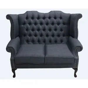 Chesterfield 2 Seater High Back Wing Sofa Charles Charcoal Grey Linen Fabric In Queen Anne Style