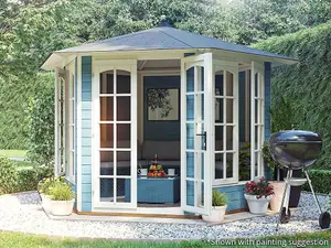 Dunster House Summer House Vantage 300 3m x 2.5m Garden Room Kit Toughened Glass and Roof Shingles Hexagonal