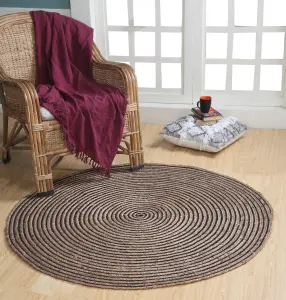 CHAKKAR DARK Stripe Round Jute Beige Black Rug / 120 cm Diameter