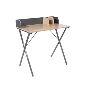 Home Office Study Desk, oak effect top with grey metal cross legs