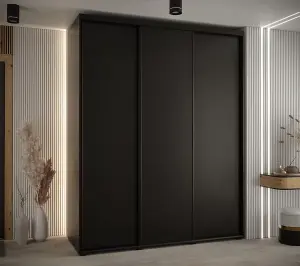 Expansive Black Sliding Wardrobe H2050mm W2000mm D600mm with Customisable Black Steel Handles and Decorative Strips