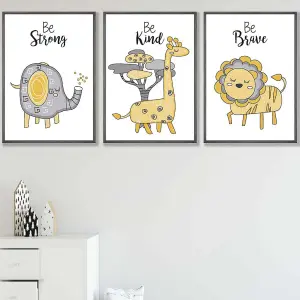 Set of 3 Scandi Nursery Elephant Animals Quote Yellow Grey Wall Art Prints / 42x59cm (A2) / Dark Grey Frame