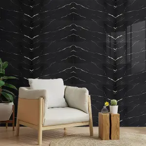 Sleek Black Marble Waterproof Adhesive Tile Stickers, Set of 10 (60cm x 30cm) for Living room,Bathroom & Kitchen Decor