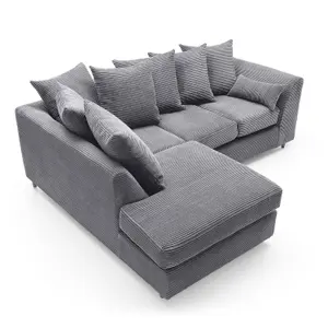 Jumbo Grey Cord Left Facing Corner Sofa for Living Room with Thick Luxury Deep Filled Cushioning