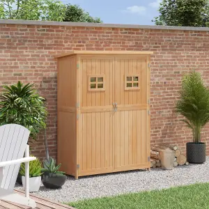 Outsunny Wooden Garden Shed Tool Storage Cabinet Double Door Shelf Natural Wood