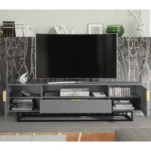 TV Unit 200cm Loft Retro Milled Fronts TV Stand Vintage Cabinet Grey