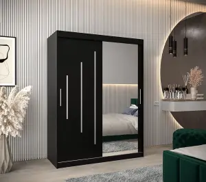 Stylish Black York II Sliding Door Wardrobe W1500mm H2000mm D620mm - Mirrored Storage with Silver Handles