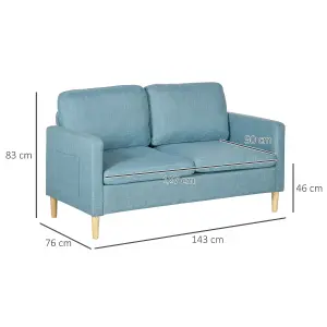 HOMCOM 2 Seater Sofa Modern Fabric Couch with Wood Legs and 2 Pockets Blue