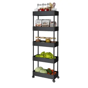 5 Tiers Black Plastic Slim Kitchen Shelf Bathroom Storage Rack Trolley Cart