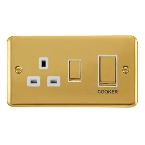 Curved Polished Brass Cooker Control Ingot 45A With 13A Switched Plug Socket - White Trim - SE Home