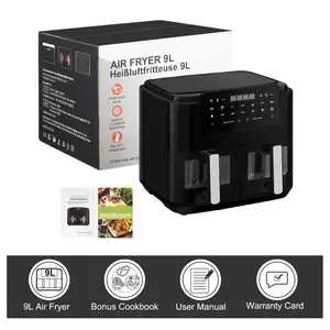 Dual Zone Air Fryer Oil Free 9L Large Air Fryer For Family, Digital Air Fryer With 2 Drawers, Cookbook, 10 Presets, Sync Cook & Sync Finish, Low Fat Air Fryer Oven, 2400W, Black