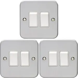 3 PACK 2 Gang Double Light Switch 2 Way 10A HEAVY DUTY METAL CLAD - White Rocker