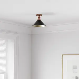 GoodHome Round Matt Metal Black Antique copper effect LED Ceiling light