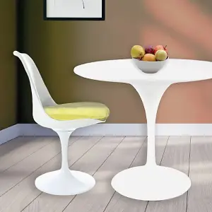 Tulip Set - White Medium Circular Table and Two Chairs with Luxurious Cushion Yellow