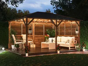 Dunster House Wooden Gazebo Louvre Wall 4m x 3m Garden Shelter Roof Shingles Utopia