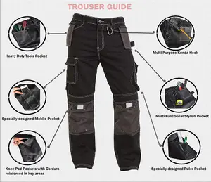 SSS Mens Work Trousers Mens Holster Pockets with Knee Pad Black Cargo Pants 40in Waist - 34in Leg.