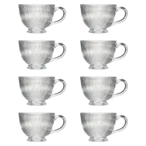 Set of 8 Embossed Footed Glass Coffee Mug Clear Tea Cups