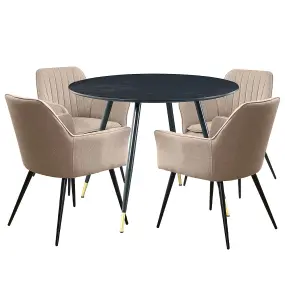 Hallowood Furniture Finley Small Round Dining Table in Black Finish with 4 Light Brown Fabric Armed Chairs