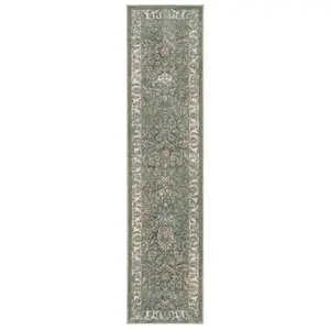 Green Cream Bordered Traditional Distressed Runner Rug 60x240cm