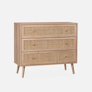 sweeek. 3-drawer chest with wood and cane effect Boheme Natural 90x39x79 cm