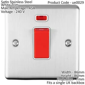 45A DP Oven Switch & Neon Light SATIN STEEL & White Trim Appliance Red Rocker