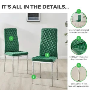 Furniturebox UK 4 Seater Dining Set - Imperia White High Gloss Dining Table and Chairs - 4 Green Velvet Milan Chrome Leg Chairs