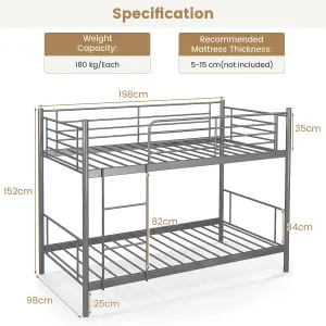 Costway 3FT Metal Bunk Bed Single over Single Loft Bed Frame W/ Ladder Safety Guardrail Sliver