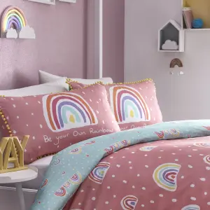 Rainbow Pom 100% Cotton Reversible Kids Duvet Cover Set With Pom Pom Embellishments