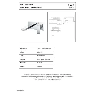 RAK Cubis Polished Chrome Modern Basin Wall Mounted Sink Mixer Tap Solid Brass