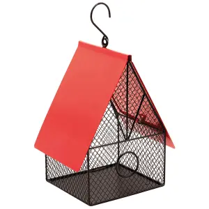 House Style Bird Feeder - Red & Black Weatherproof Mesh Design Outdoor Garden Seed or Peanut Feeding Station - H22 x W17 x D13.5cm