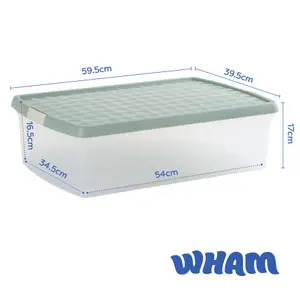 Wham Clip 5x 30L Rectangular Plastic Storage Boxes with Secure Clip Lock Lids. L:59.5 x W:39.5 x H:17cm Clear/Green Milieu/Stone