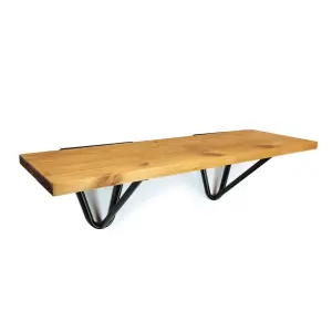 Solid Pine Rustical Shelf Light Oak Black Hairpin Bracket Style 20x90cm