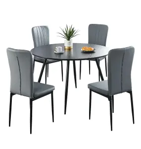 Hallowood Furniture Cullompton Large Black Round Dining Table 120cm with 4 Light Grey Faux Leather Chairs