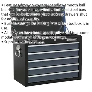 Lockable Black 5 Drawer Tool Chest Storage Cabinet - 600 x 305 x 470mm