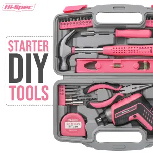 Hi-Spec 35pc Pink 3.6V USB Power Cordless Screwdriver & Home Repair Hand Tool Kit Set in a Tool Box