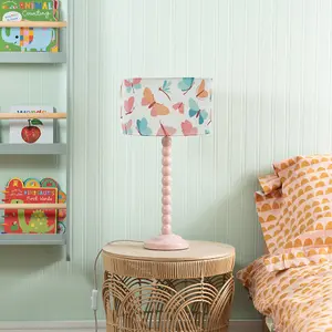 Rose Pink Bobbin Stem Table Lamp with Butterfly Drum Shade for Living Room Bedroom - LED Bulb Included