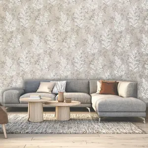 Rasch Texture Effect Garden Leaf Plant Leaves Smooth Metallic Shimmer Wallpaper Greige 284064