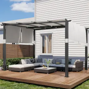 10' x 10' Flat Top Outdoor Pergola with Adjustable  Canopy for Patio Use-Grey