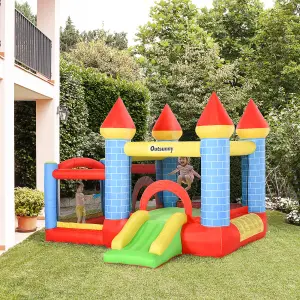 Outsunny Kids Bouncy Castle House Inflatable Trampoline Slide Water Pool Basket 4 in 1 with Blower for Kids Age 3-8 Castle Design