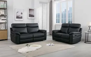 Austin Black Genuine Reclining Sofa Suite Manual Recliner Set Real Leather