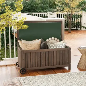 Costway 207 L Wood Deck Box Outdoor Storage Box w/ Wheels Patio Storage Bench