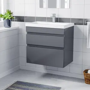 Nes Home 600mm 2 Drawers Handless Wall Hung Basin Vanity Cabinet Unit Steel Grey