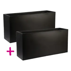 Set of 2 IDEALIST™ 65cm Trough Garden Planters, Rectangular Planters, Black Reinforced Stone Large Plant Pots L65 W19 H30 cm, 37L