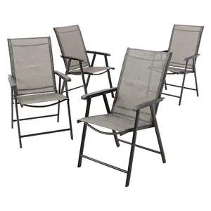 Set of 4 Brown Metallic Frame and Fabric Foldable Garden Chairs Set