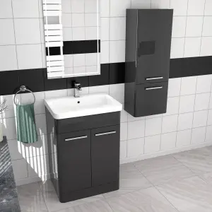 Nes Home 600mm Freestanding Dark Grey Basin Vanity & 350mm Wall Hung Cabinet